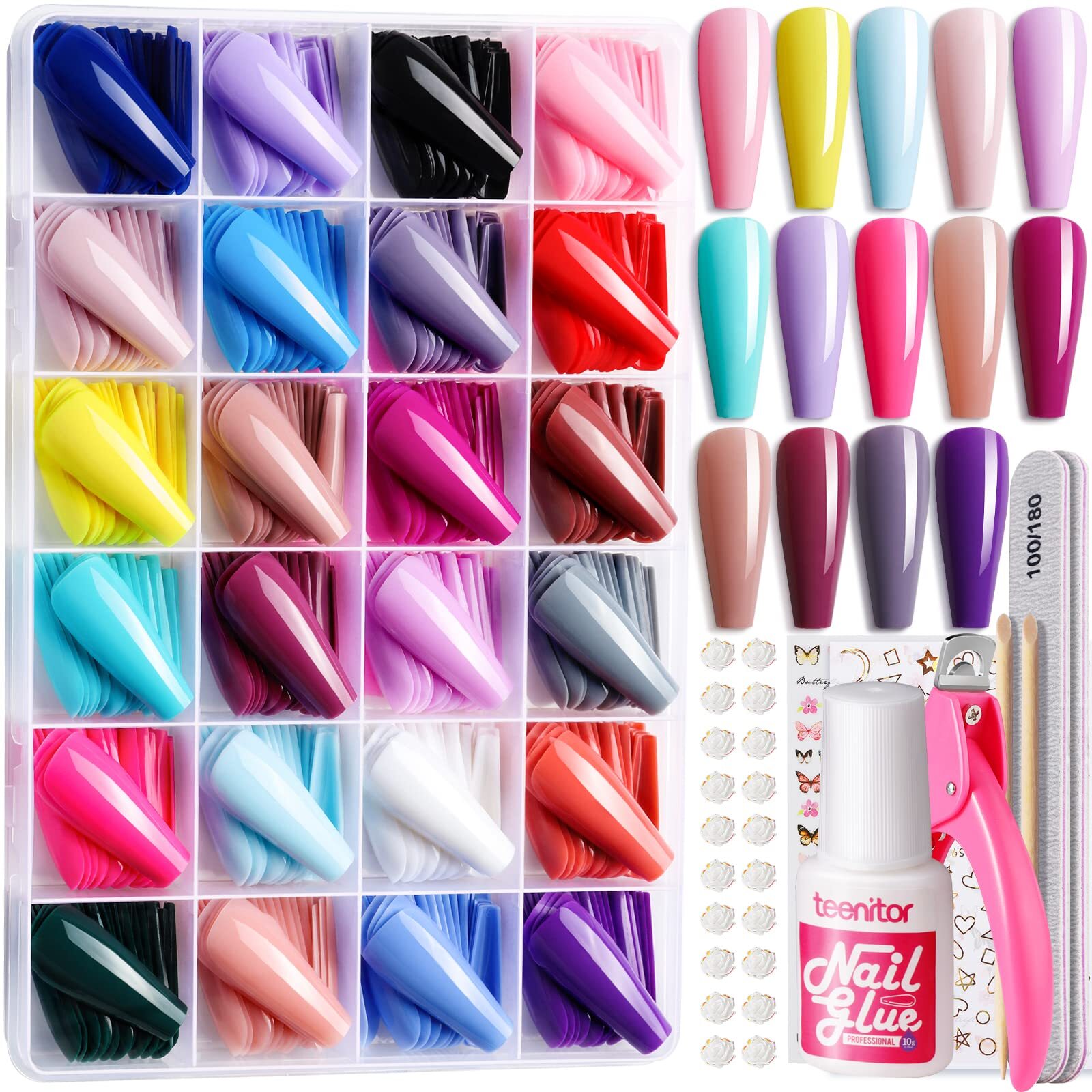 Full Cover Color Press On Coffin Nails, 576pcs Fake Nail Tips in 24 Colors, G…