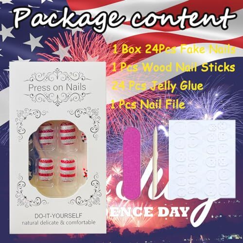 4th of July Press on Nails Short Square Independence 4th of July False Nails-24