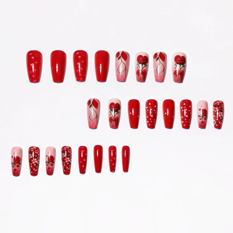 48PCS rectangular red gradient rose heart-shaped bow nail press, reusable fake
