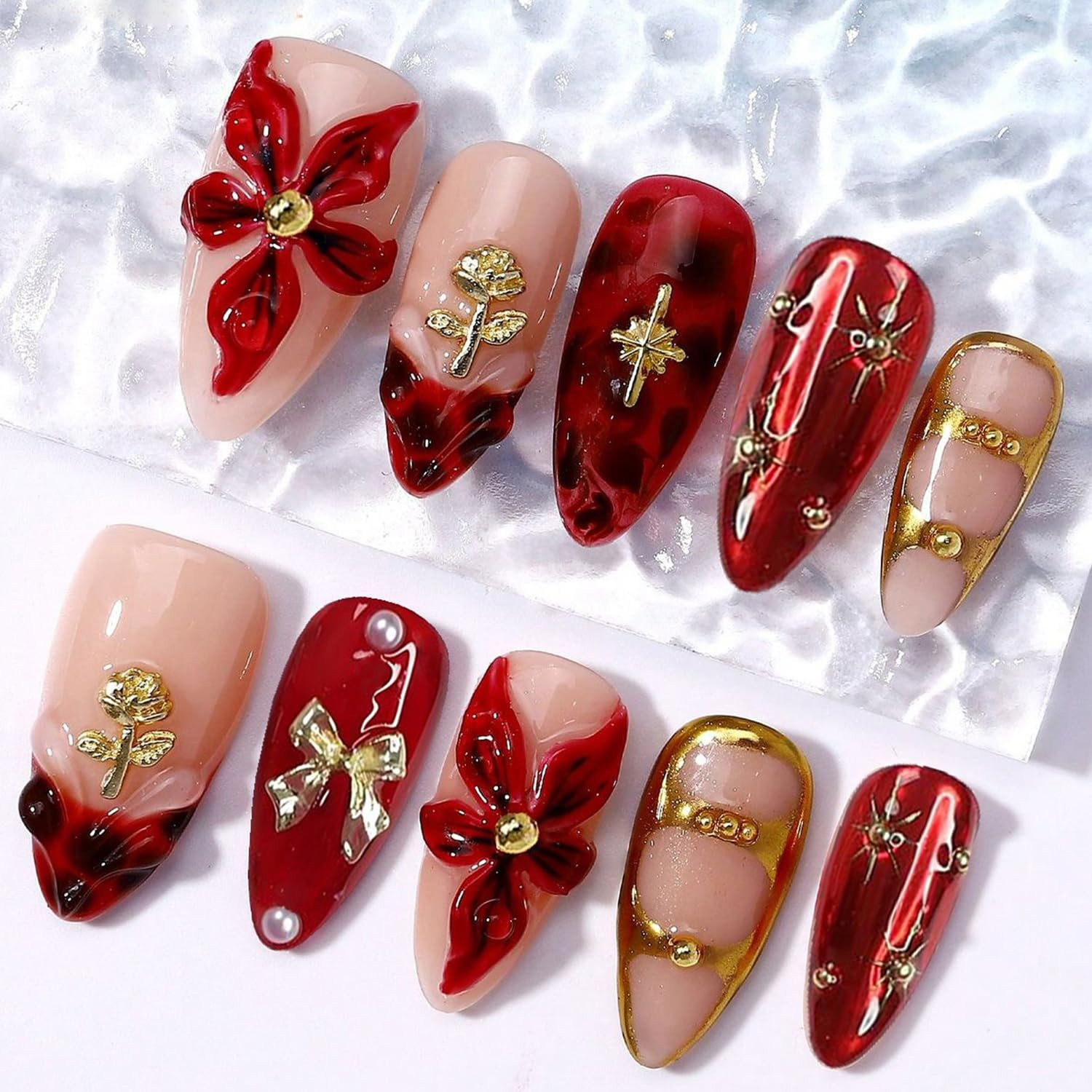 24Pcs Flower Press on Nails Medium Almond Fake Nails with 3D Bow Rose Gold Beads