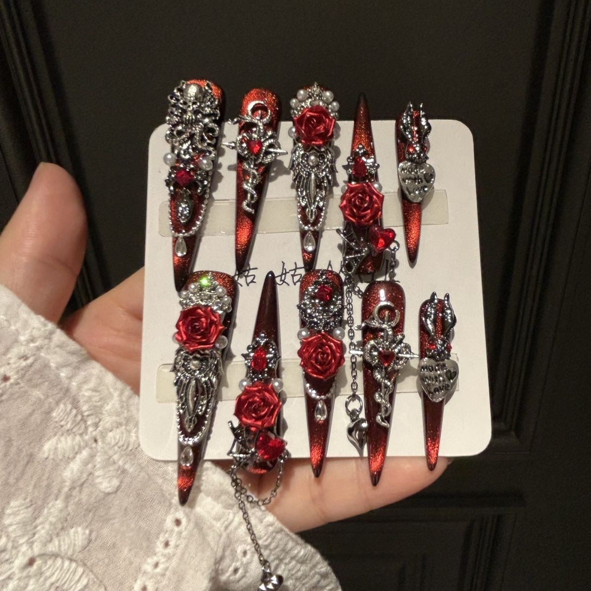 Handmade Gothic Rose Dark Nails Removable Press On Nails