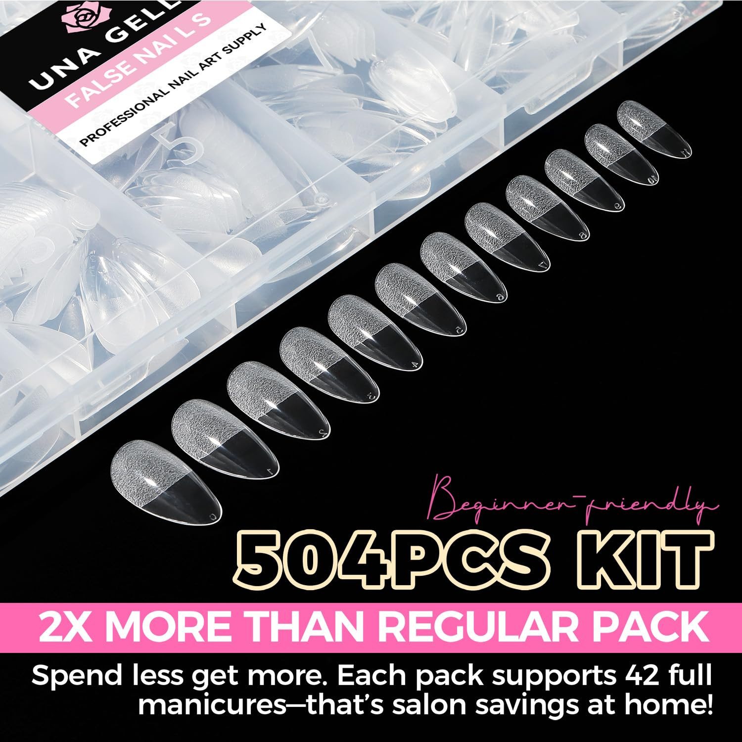 UNA GELLA Almond Gel Nail Tips, 504PCS Pre Etched Clear Fake Nails Tips Medium A