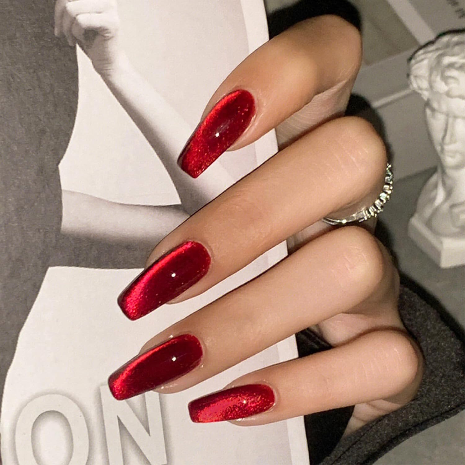 Red Press on Nails Medium Coffin Fake Nails Wine Red Cat Eye Fake Nails Christma