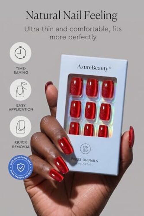Cat Eye Press On Nails – Short Square Soft Gel False Nails, Glossy French