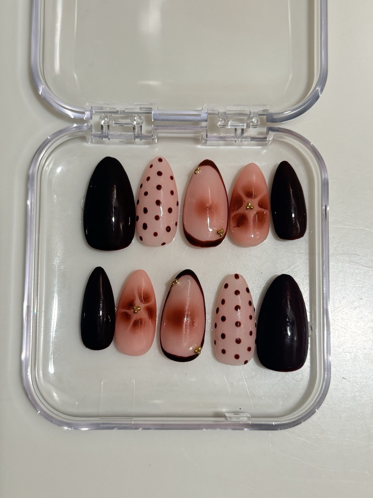Handmade Dark brown & Pink Floral Almond Press-On Nails Medium Full Cover