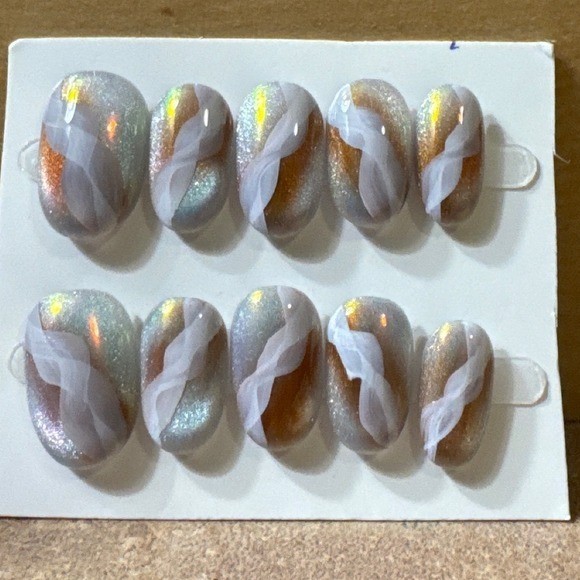Iridescent Cat Eye Press On Nails Short Oval Shimmer Marble Design 10pc