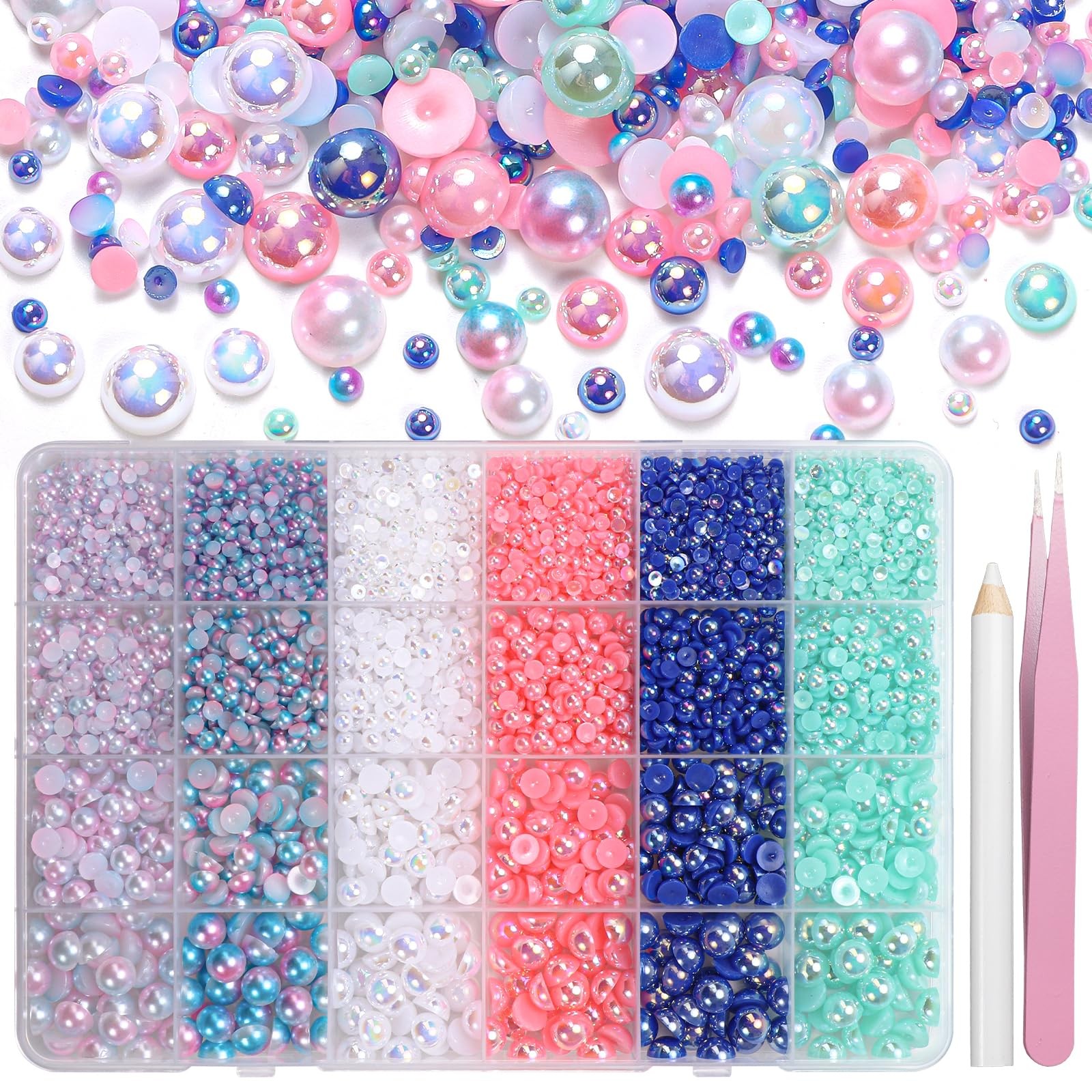 9000Pcs Blue Mermaid White Pink Flatback Pearls for Crafting for Nails Art