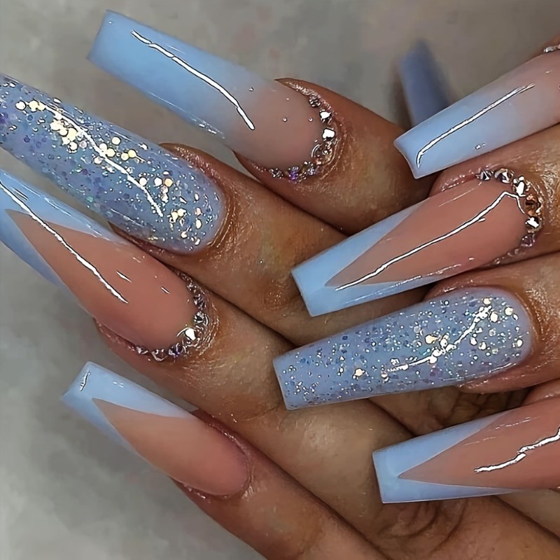 48pcs Baby Blue & Nude Press on Nails Long Coffin with Ombre and Silver Glitter