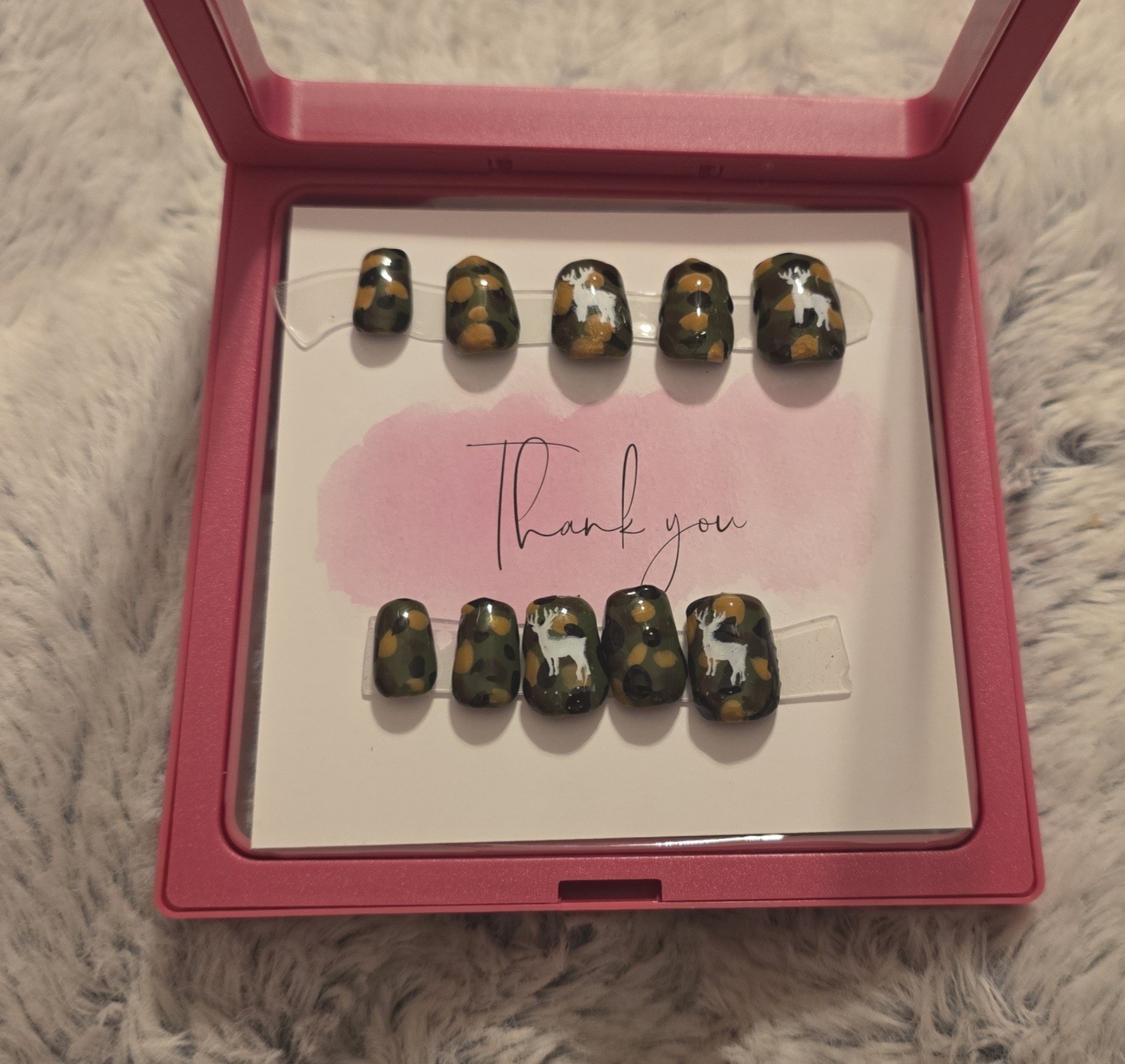 Green Brown Shiny Camouflage Animal Short Square Press-On Nails Full Cover Set