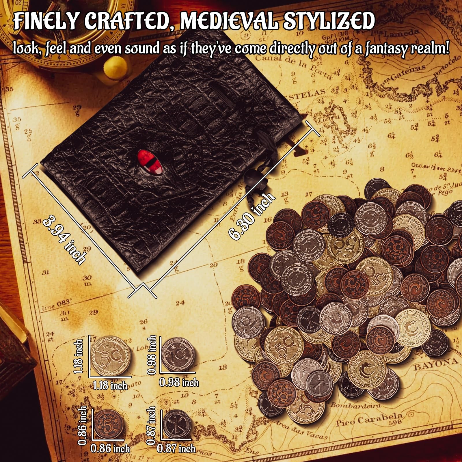 DND Metal Coins Set of 60 with Leather Pouch – Gaming Tokens, Pirate 30mm