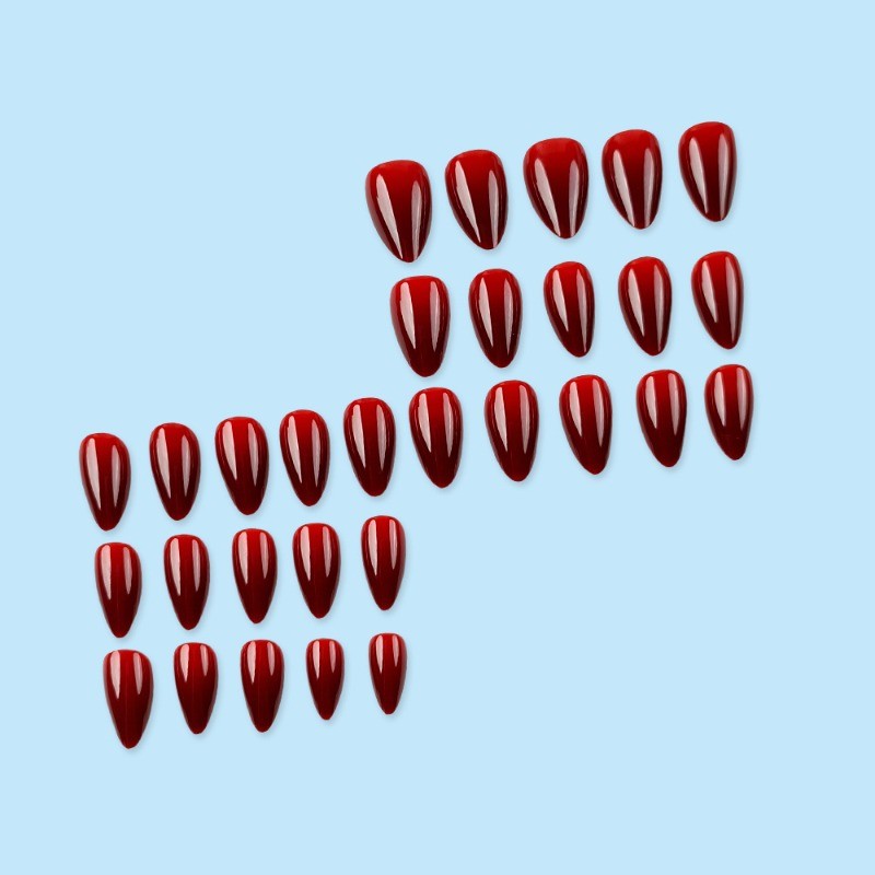 60Pcs-Glossy Burgundy Press on Nails Medium Almond Nail Solid Color Manicure