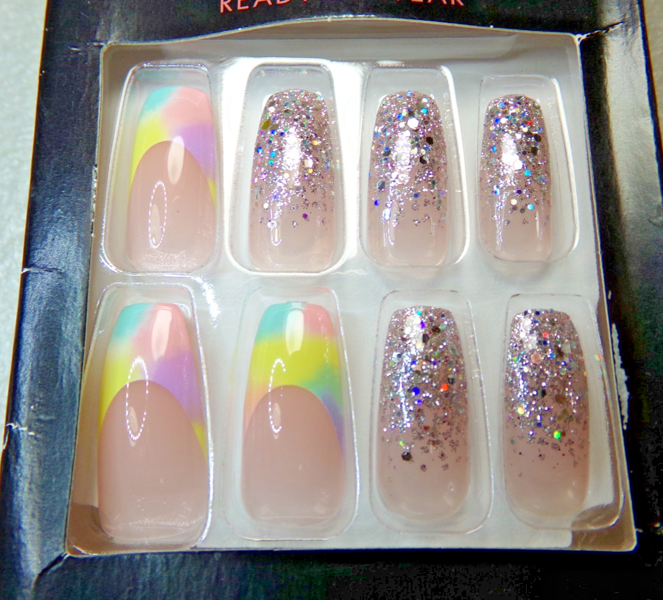 Kiss Fantasy Artificial Nail Long Rainbow Pastel French with Glitter