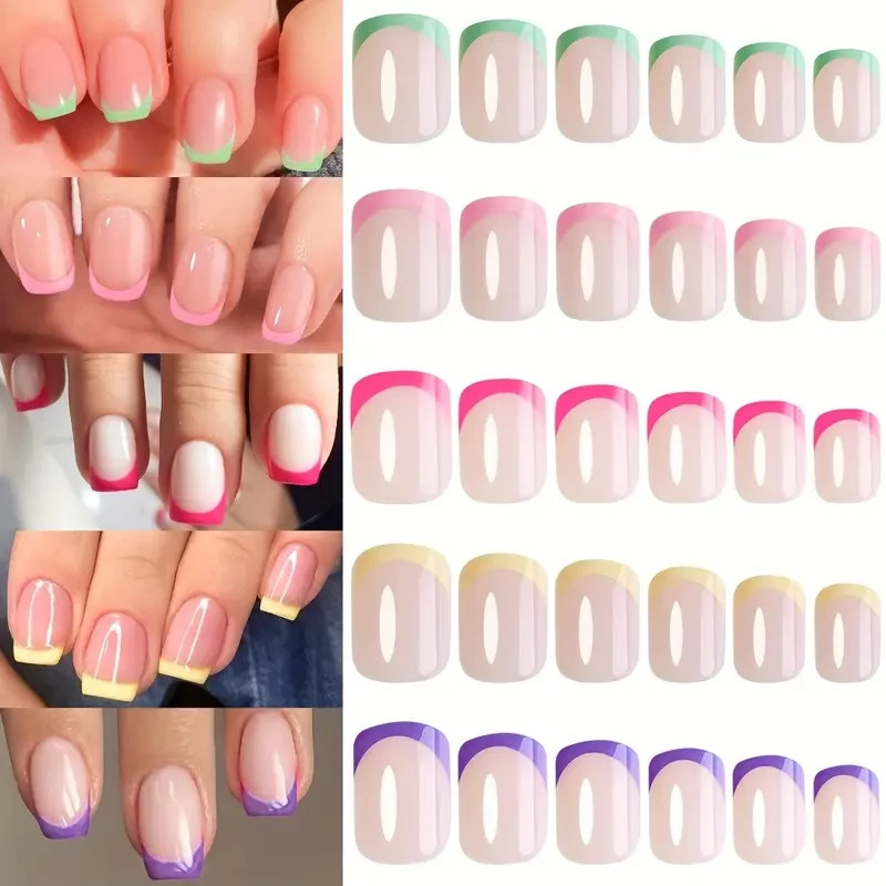 24/120 Short Square Press On Nails, 5 Gradient Colors, Glossy Finish, Full Cover