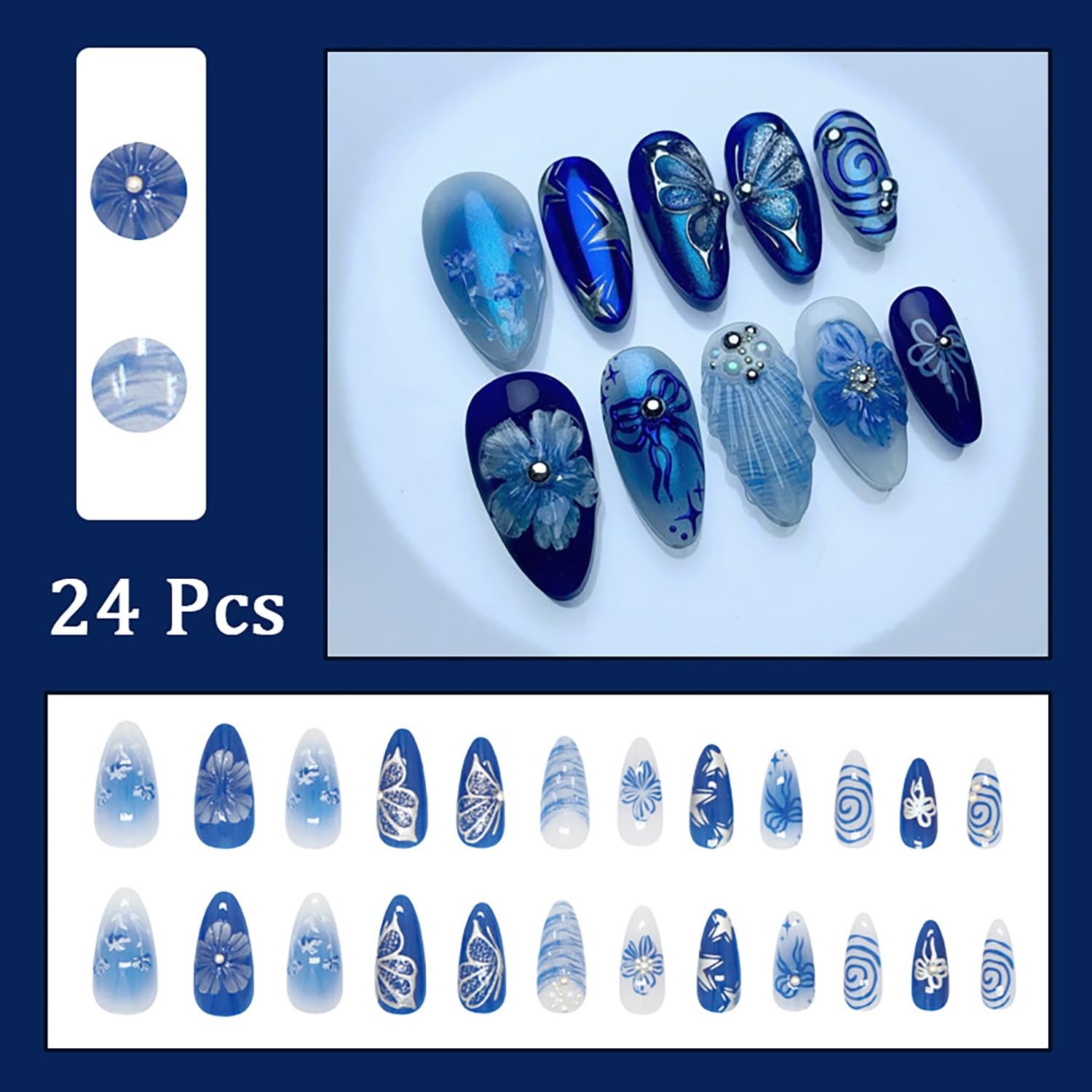 24Pcs Blue Press on Nails Medium Almond Fake Nails with 3D Flower Bow Butterf…