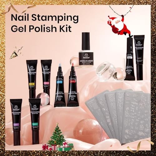 16Pcs French Tip Nail Stamp Kit – 8 Colors Gel Polish, 5 Templates, Scrapers & L