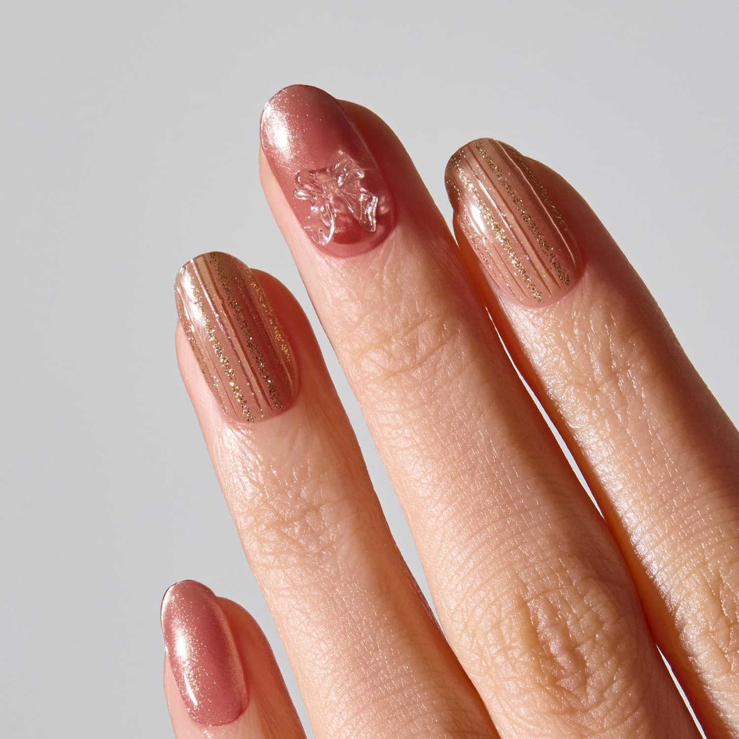 Semi Cured Gel Nail Strips (N Rosy Bow) – 3D, Magnet, Pink, Gold, Works with Any