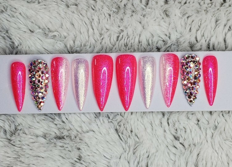 Neon hot pink Bling glitter long stiletto diamond press on nails barbie ombre