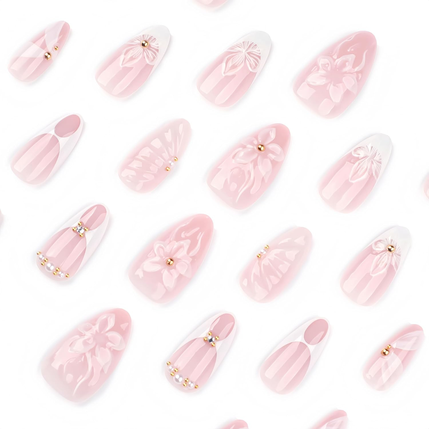24Pcs White French Tip Press on Nails Medium Almond Fake Nails 3D Flower with Go