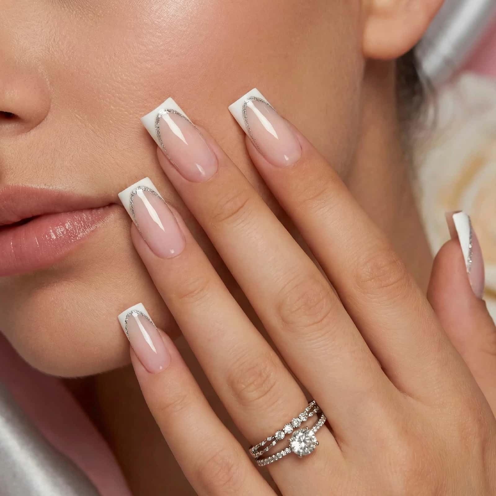 24PCS French Tip Press On Nails, Nude Square Glossy Fake Nails with White Sil…