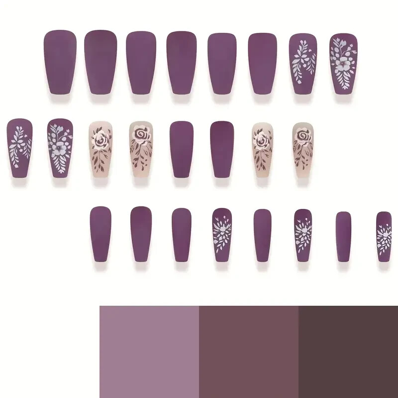 24pcs Matte Ballet Coffin Press-On Nails, Middle Length, Purple & White Floral