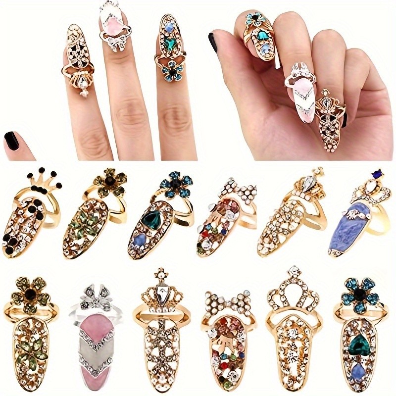 Luxury Crystal Flower Nail Rings Rhinestone Jewelry fits Fashion Runway Styling
