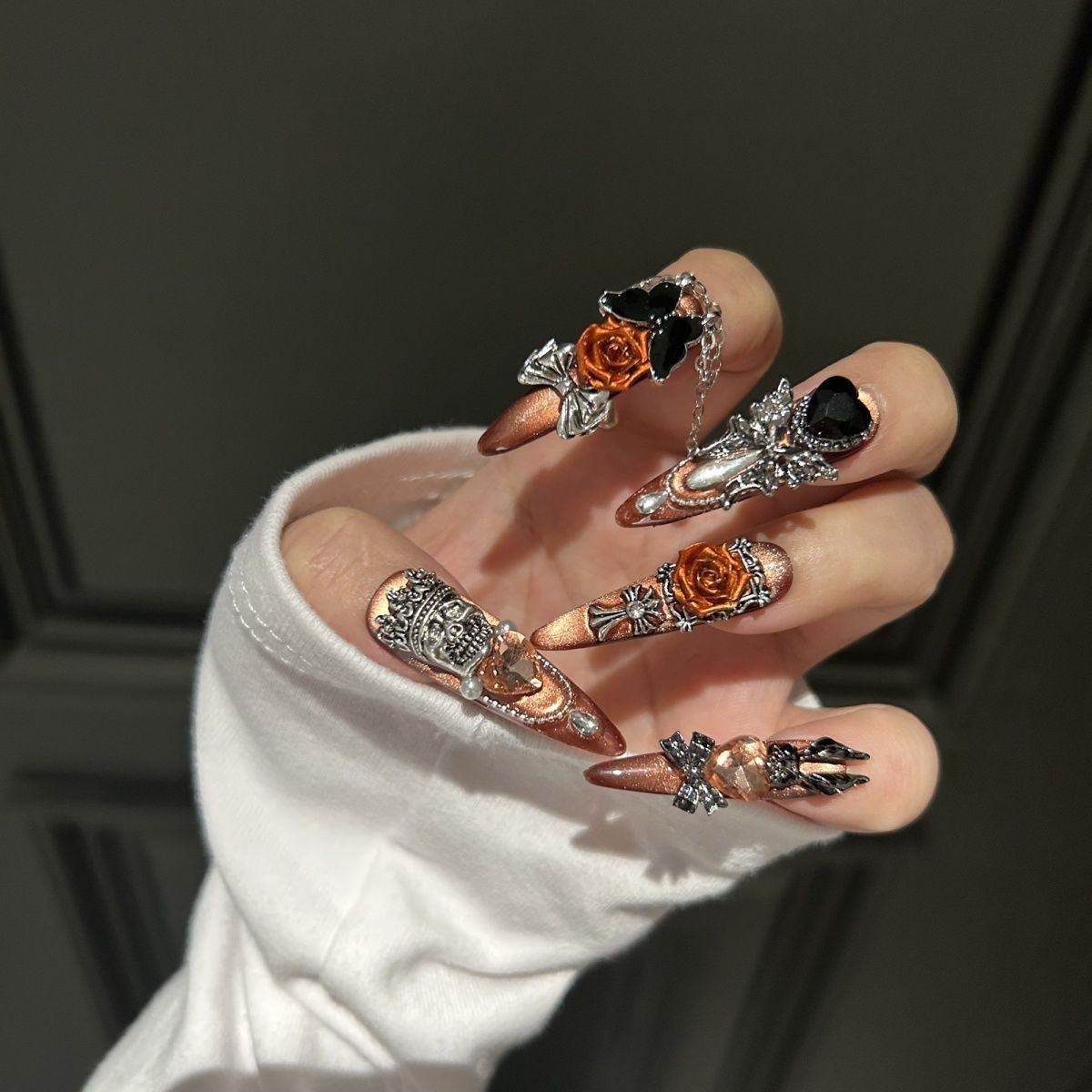 Dark Luxury Handmade Black Press On Nails Long Full Diamond