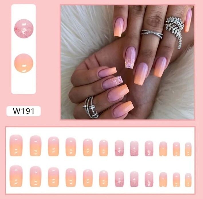 *Brand New* Orange-Pink Sunset Ombre Glitter Press On Fake Nails – Reusable!