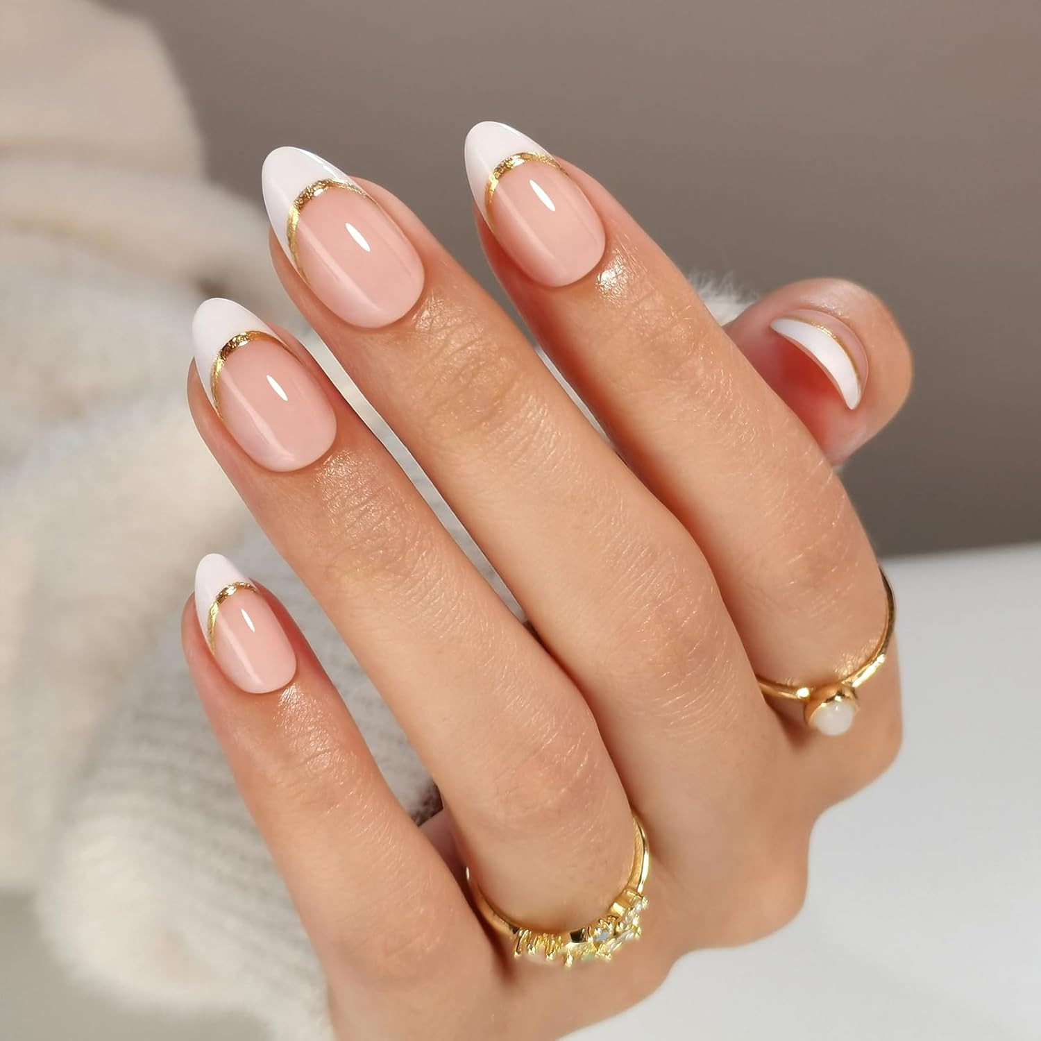 White French Tip Press on Nails with Gold Line Design – Soft Gel Valentines Almo