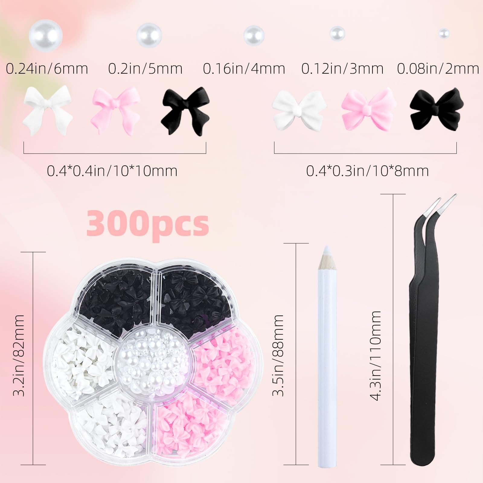 300Pcs 3D Bow Nail Charms Flatback Pearls Black White Pink Manicure DIY