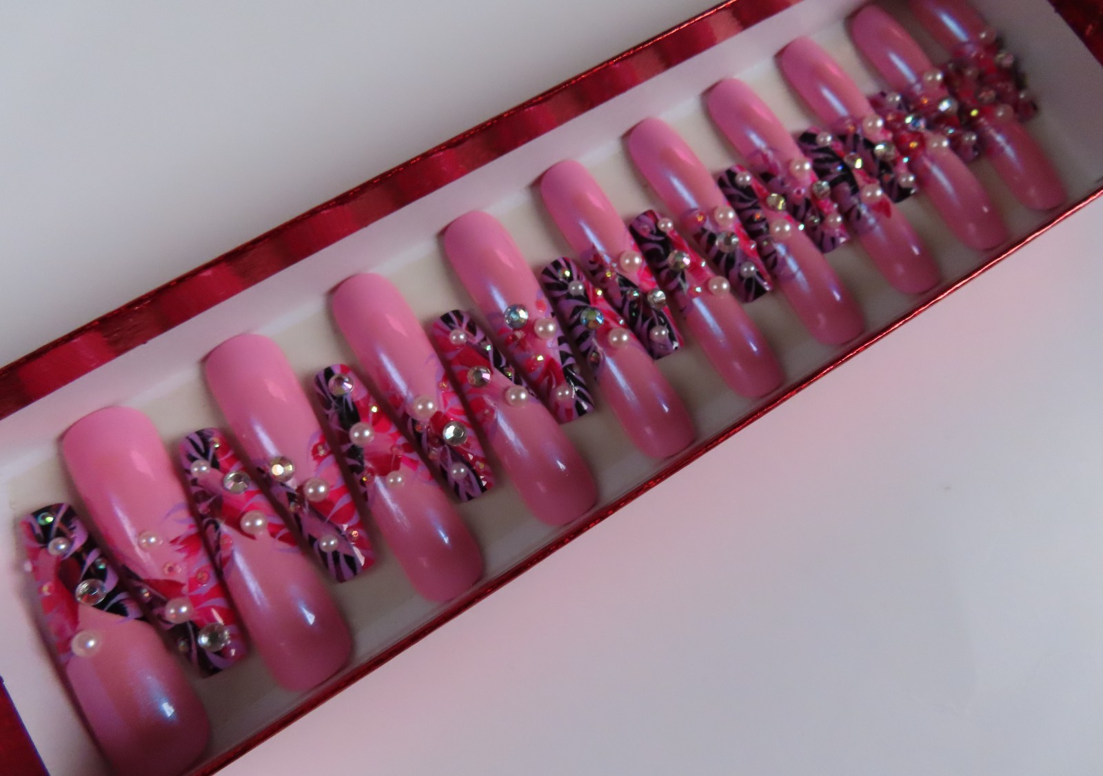 XL Pink Red Purple Black Rhinestone Pearl Abstract Tip Coffin Press On Nails