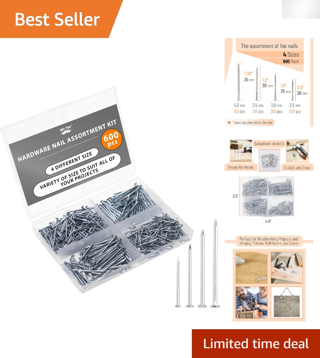 All-In-One Nail Assortment Kit – 600 Silver Nails, 4 Sizes for Every DIY Project