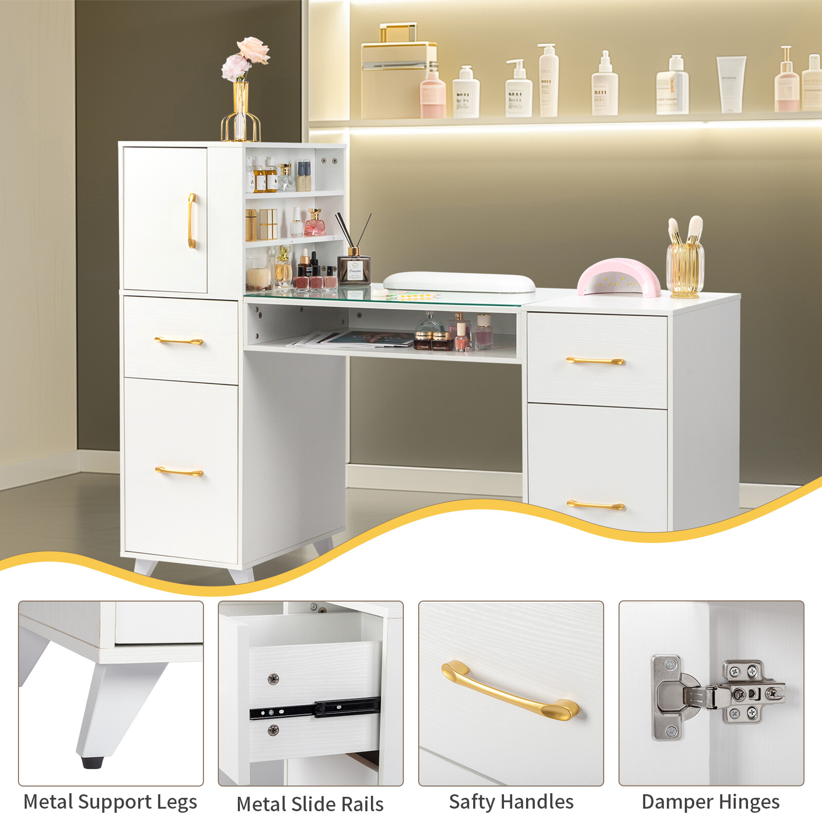 Manicure Table Nail Station Makeup Desk with Drawers Beauty Salon
