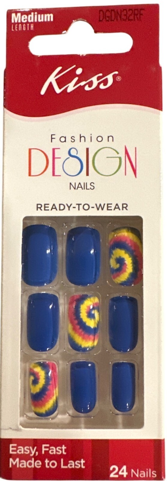 Kiss FASHION DESIGN 24 Nail Medium Length Squoval Tie-Dye Shiny Blue+ Multicolor