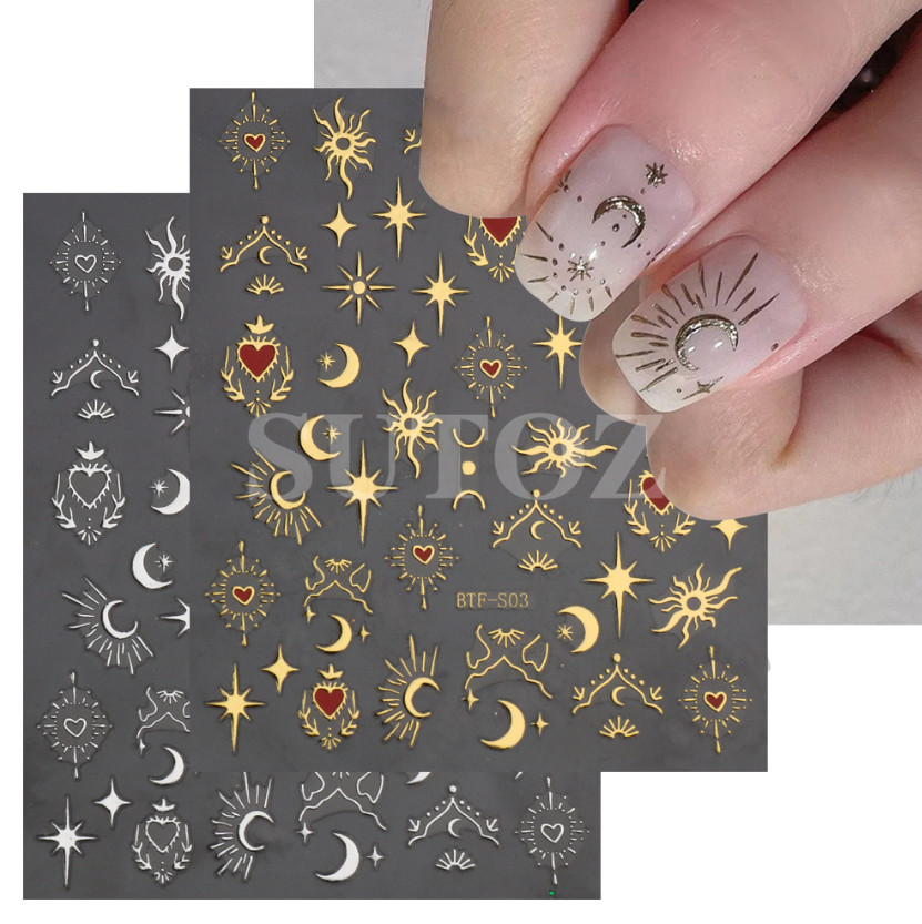 Star Moon Bronzing Heart Nails Gold Sliver Laser Spiritual Baddies Stickers NS39