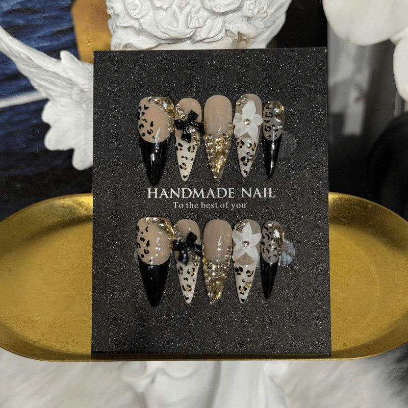 10pcs Stiletto Press on Nails, Leopard Print Black Tip Sparkly Stone Nail Art