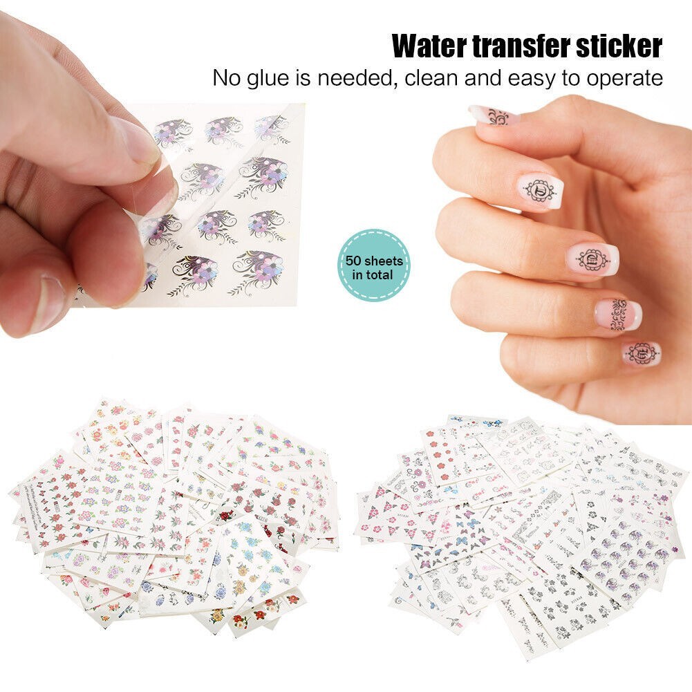 50 Sheets Mixed Flower Cartoon Nail Art Water Transfer Sticker Nail