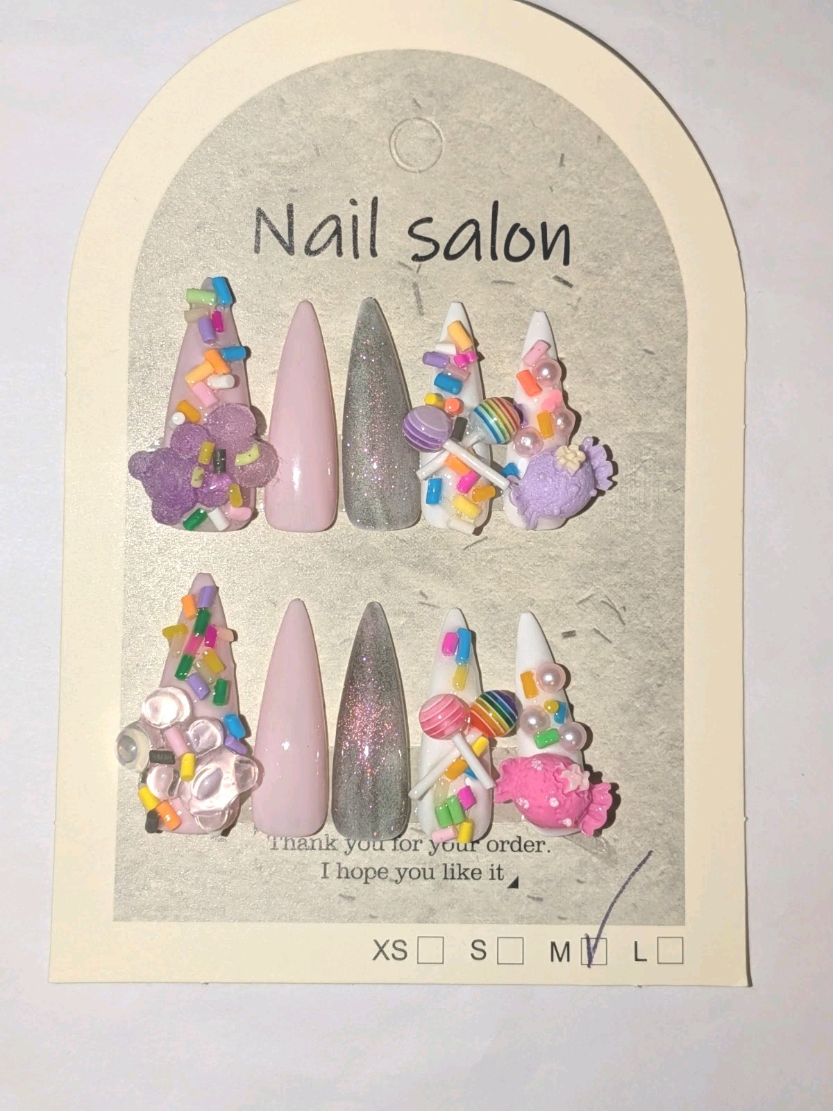 Hand Crafted Pink, White & Purple Stiletto Press-On Nails with Candy 3D Charms