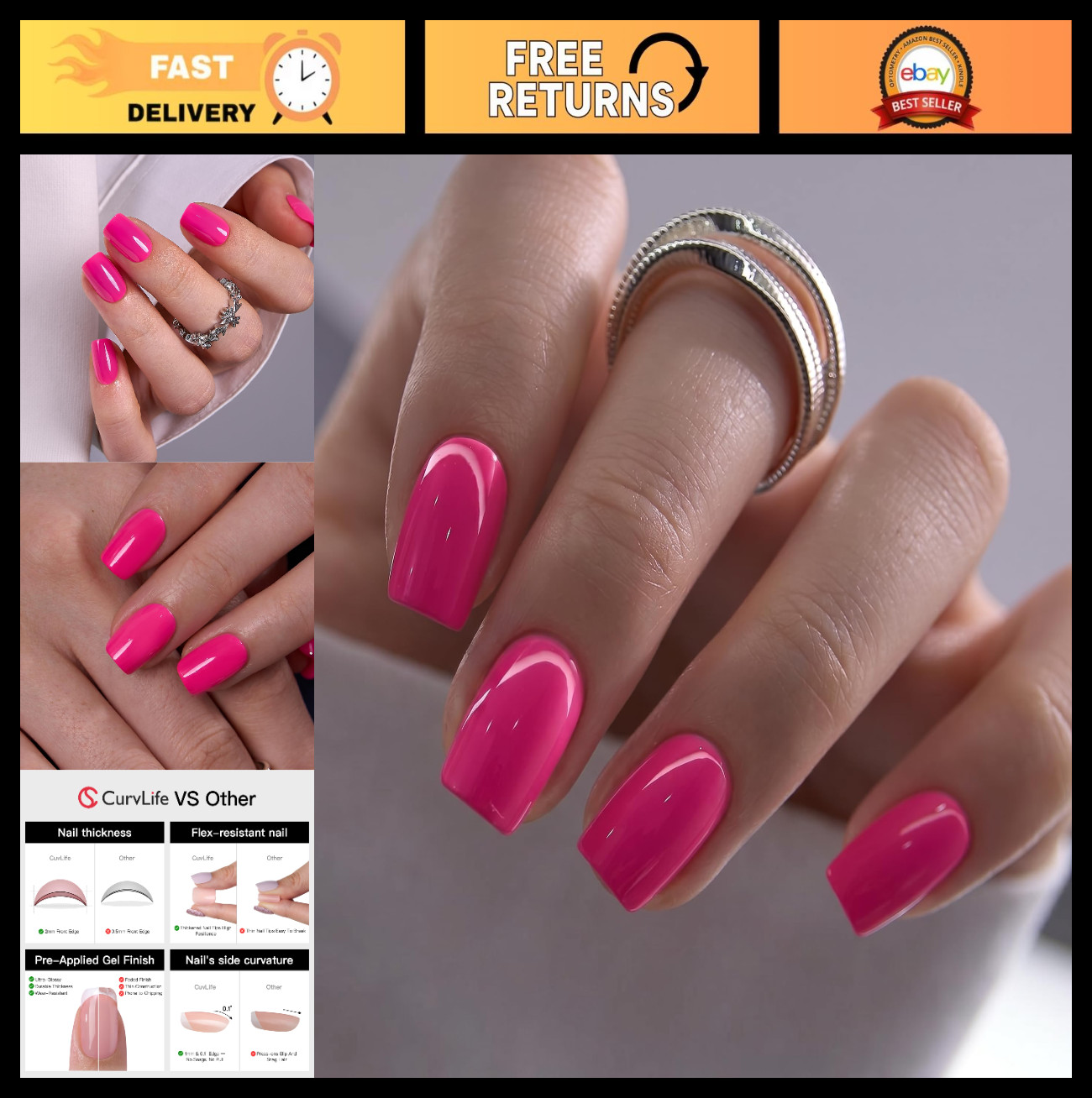 Short Square Soft Gel Press-On Nails – Hot Pink Acrylic Full Cover with Apricot