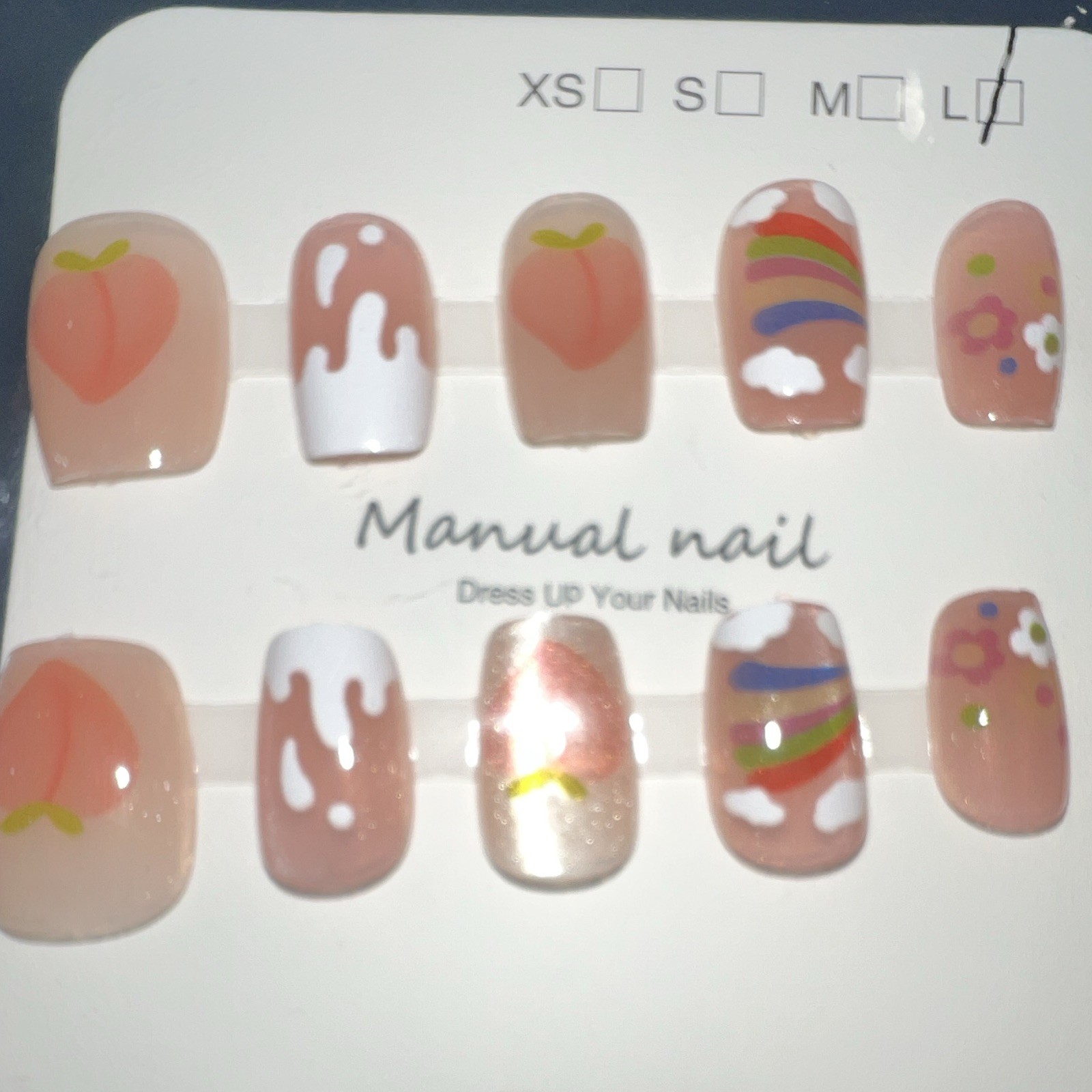Manual nail Square Press-On Nails Full Cover 3D Peach Rainbow Floral
