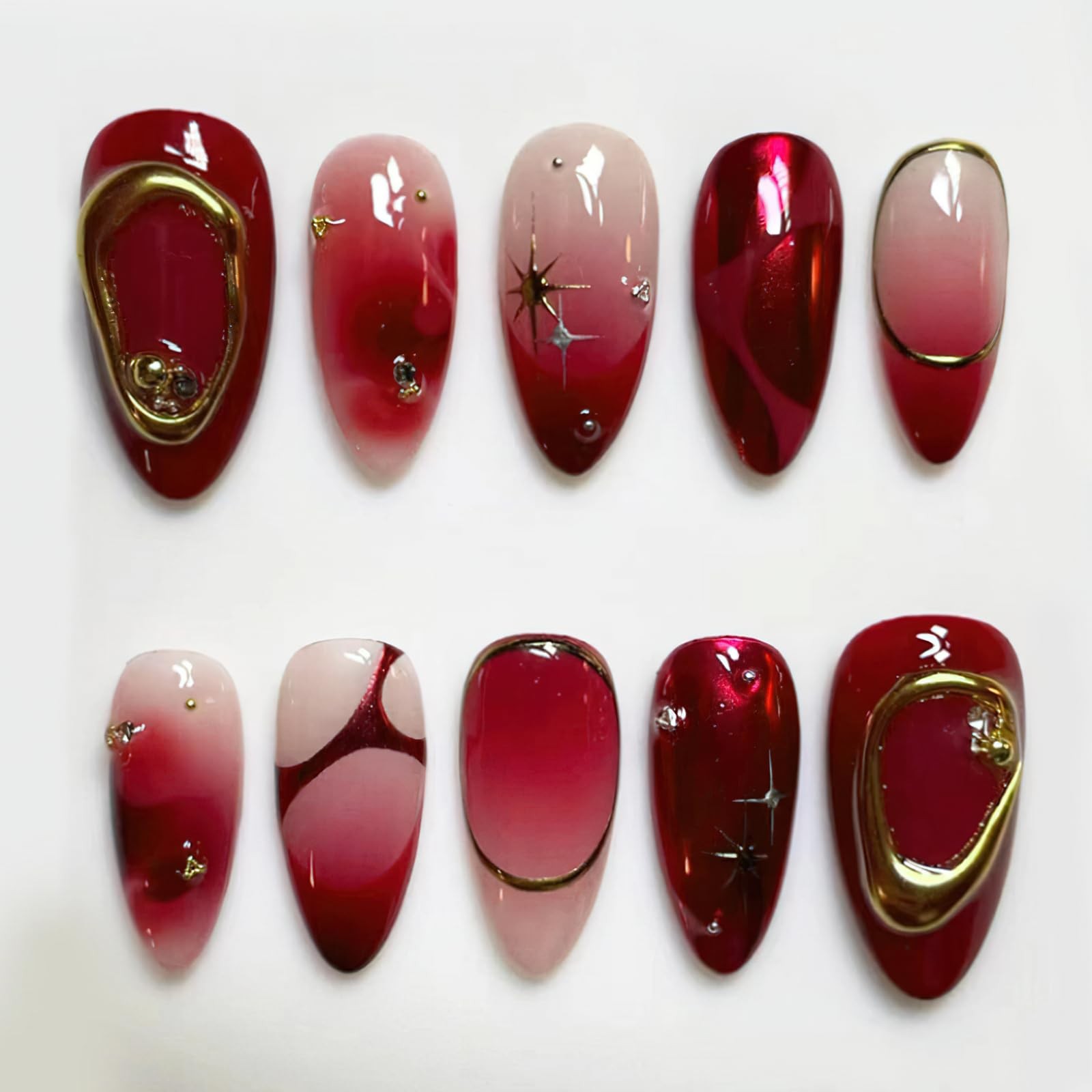 Jremg Red Press on Nails Short Almond Fake Medium Almond, Multicolor