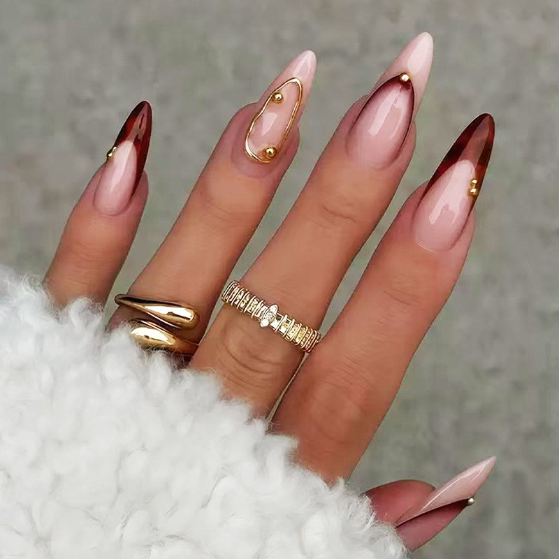 48 Pcs Red Gradient Metal Press on Nails, Long Stiletto Nude Luxury Fake Nails