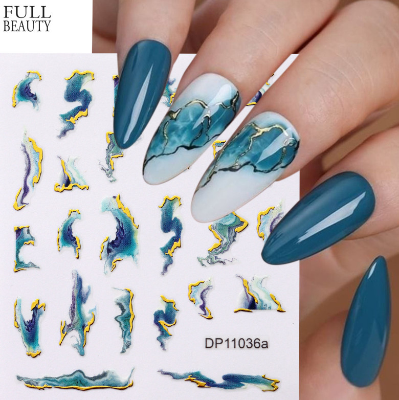 4 Sheets 3D Marble Nail Art Wraps Gold Swirl Stripe Stickers Self Adhesive NS2