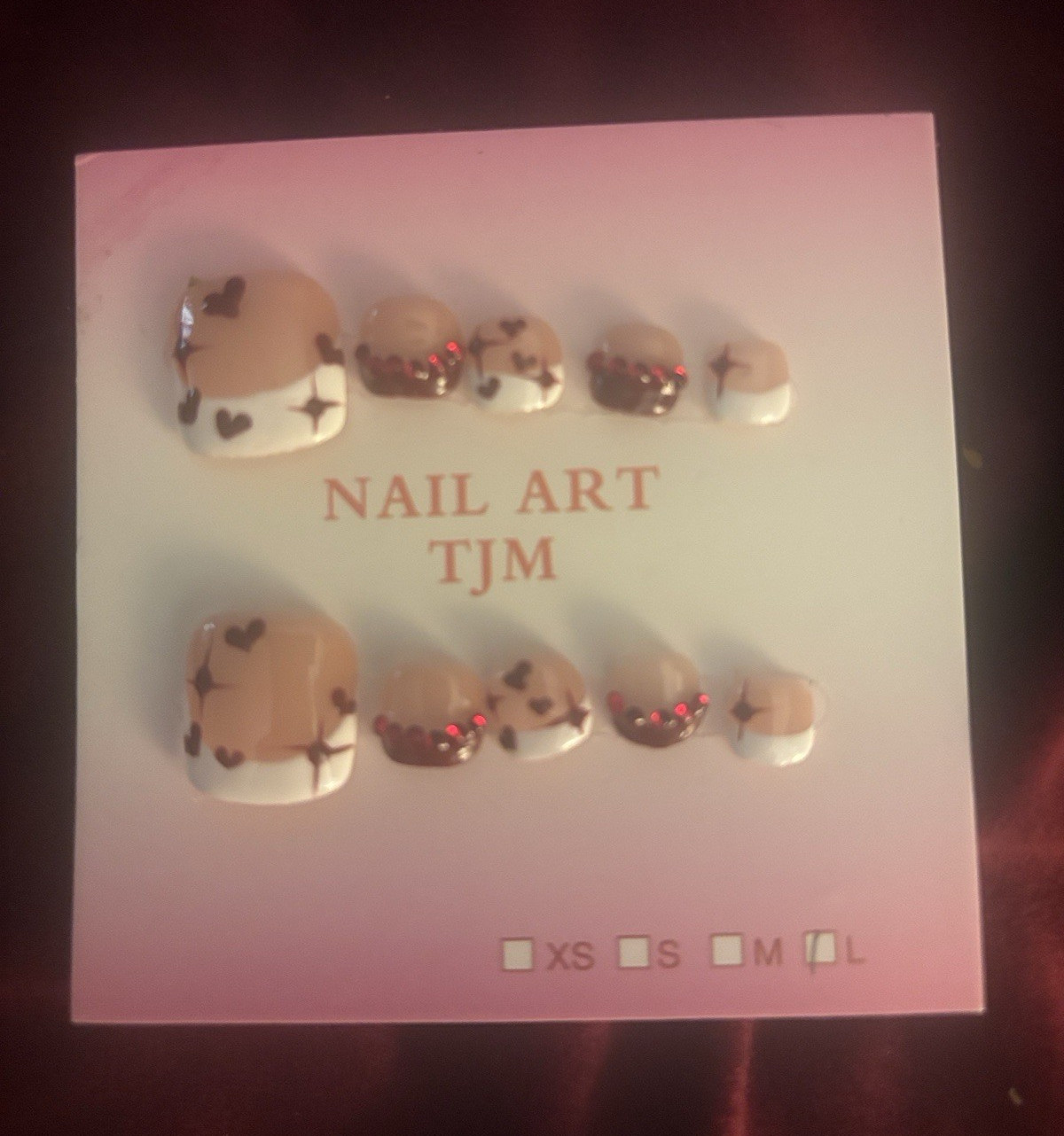 Nail Art TJM Press-On Nails Set Beige/White Glitter Heart Short Square Full