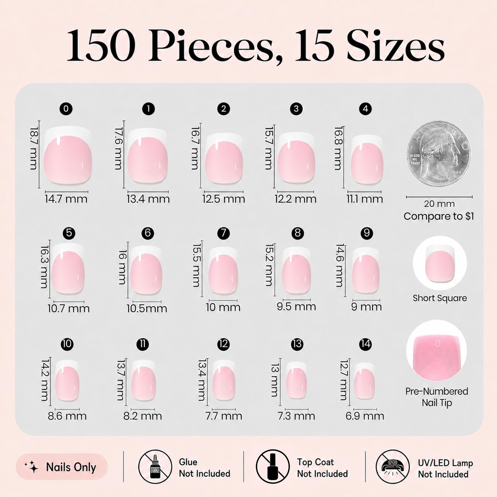 Beetles French 15 Sizes, 0 – Press On Nails Only | Short Square | Pink