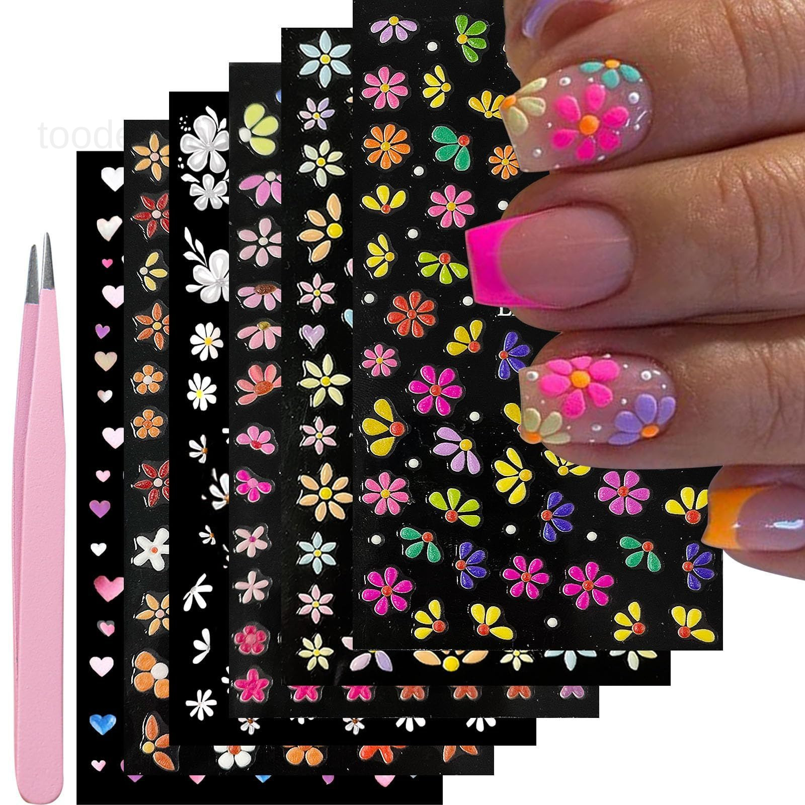 Nail Art Stickers Decals 5D Embossed Flower Colorful-06