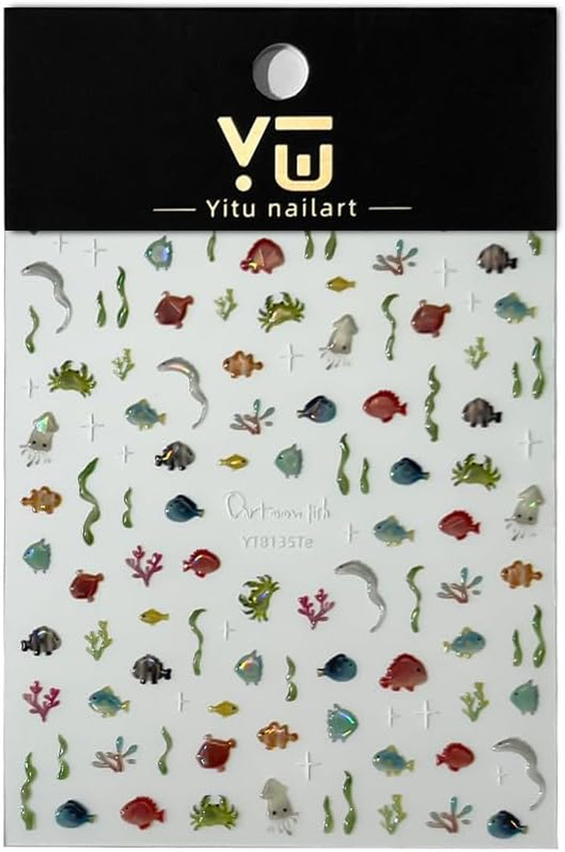Aquarium Nail Stickers 1 PC 5D Ocean Fish Nail Decal Seaweed Coral Embossed Nail