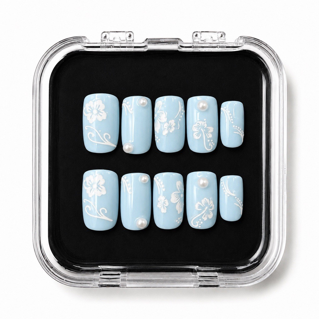 S Baby Blue Pearl Flower Press-On Nails | Handmade Floral Glossy Nails |Summer |