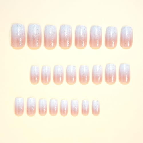 Square Press on Nails Medium, White Ombre French Tip Fake Nails 9113White