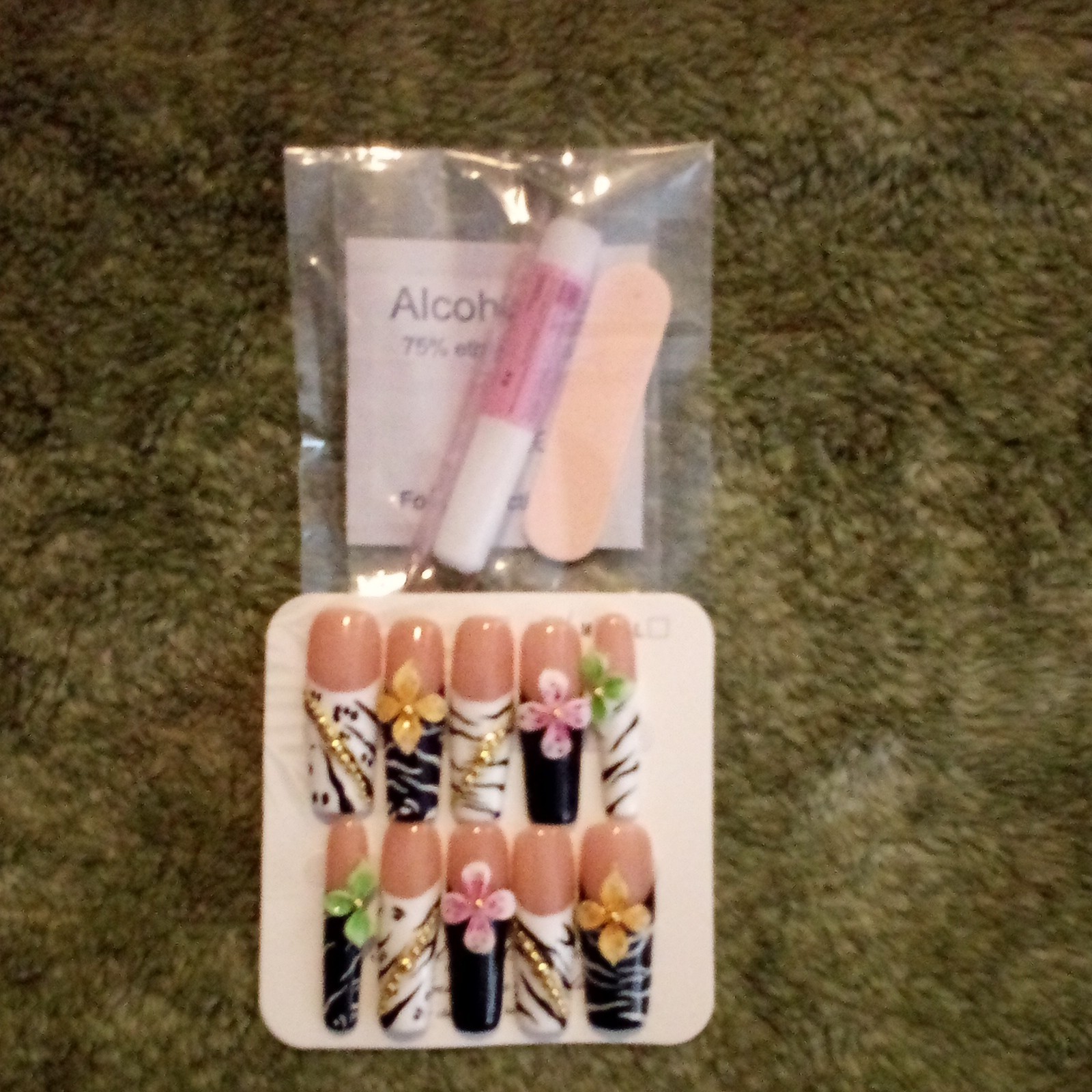 3D Pre-Designed Press-On Nails Nude Black White Gold Long Coffin Flower Zebra
