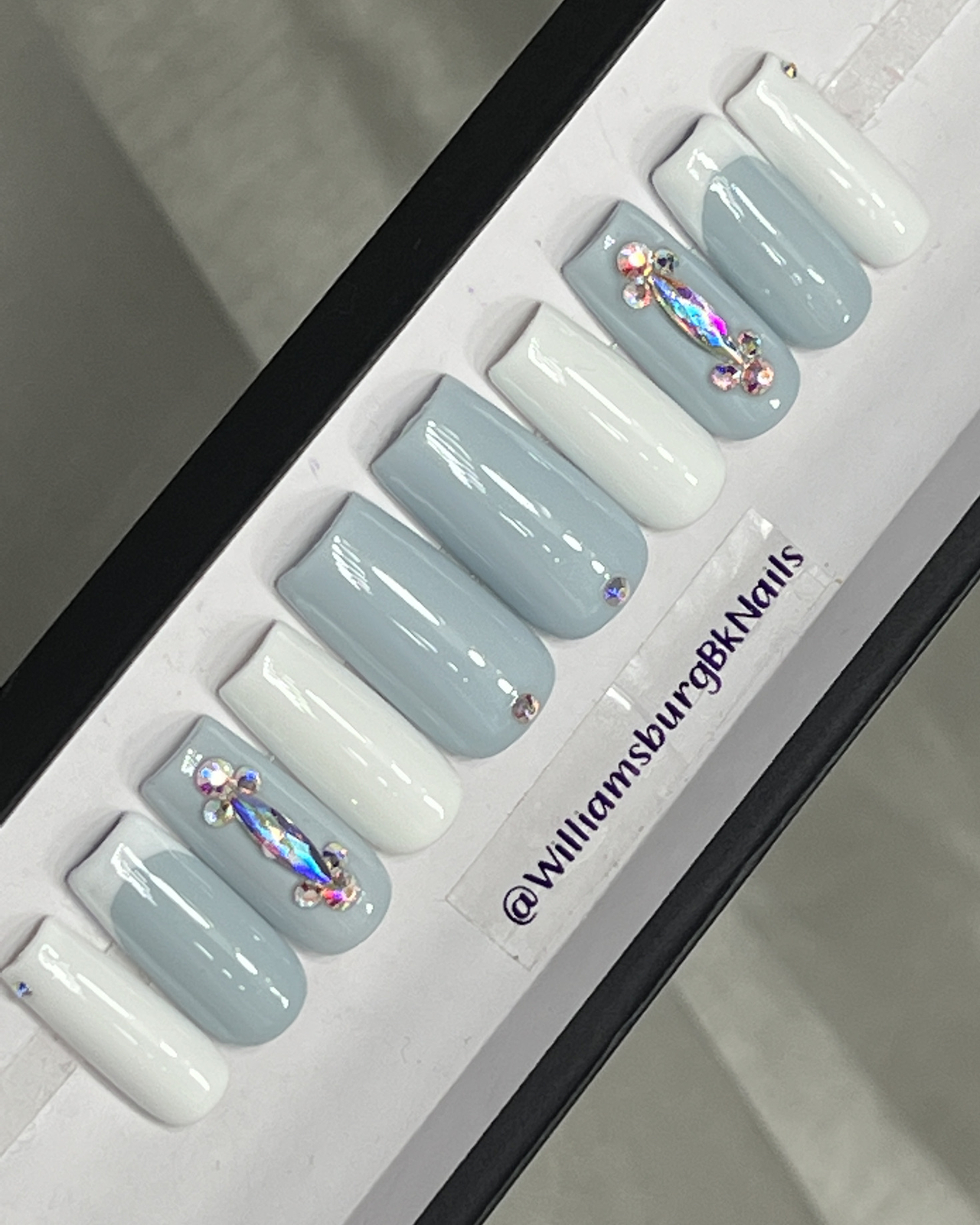 💎 CUSTOM Gel press On Nails, BLUE GREY BLING , Med Square 10p Set With FULL KIT